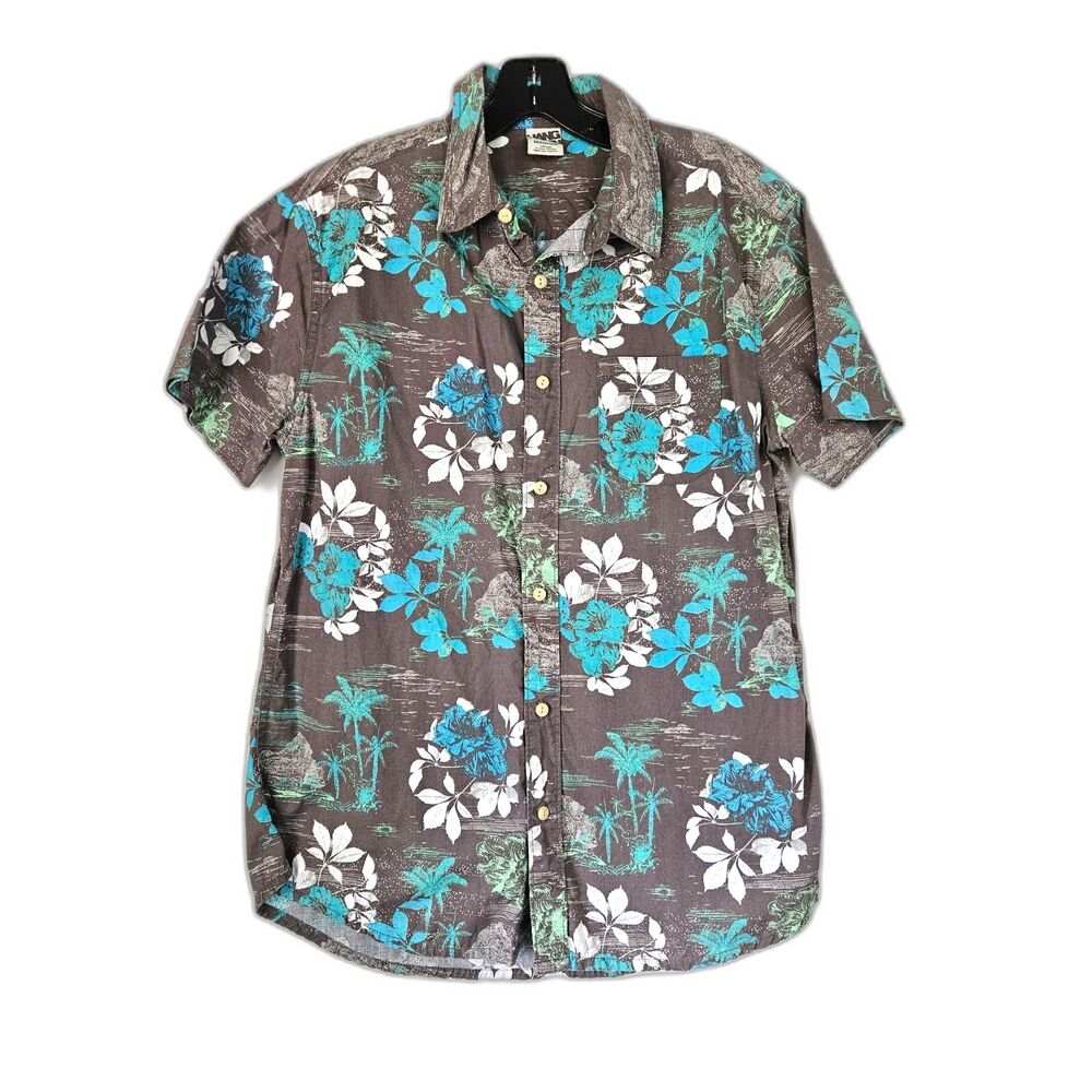 HANG TEN Short Sleeved Gray Aqua White Hawaiian Button Down 100% Cotton Medium
